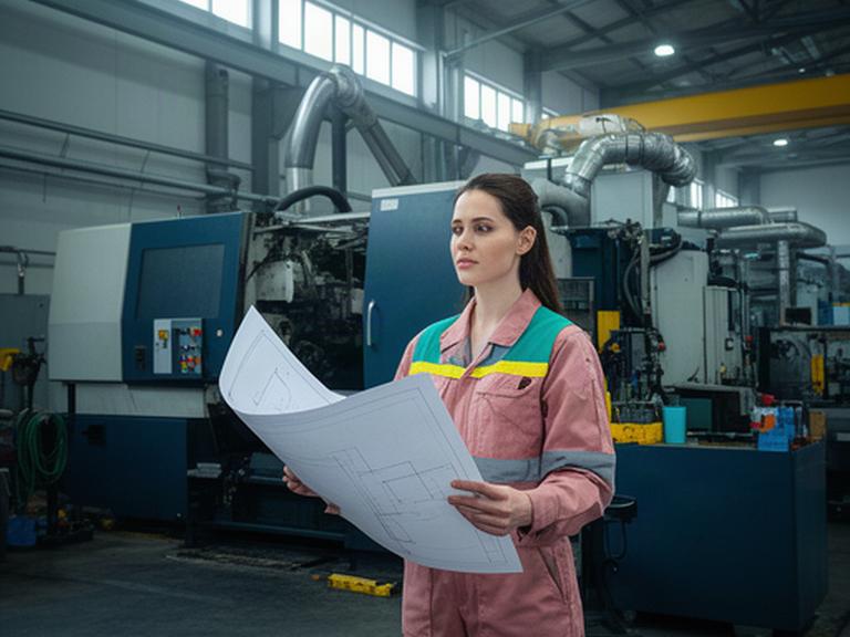 Marta, ingeniera de mantenimiento industrial, revisando planos y una máquina en una nave