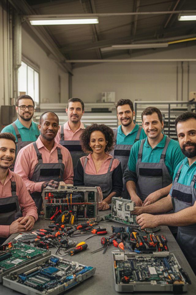 Equipo de técnicos trabajando en un taller de reparación de Sabadell junto a herramientas y equipos electrónicos